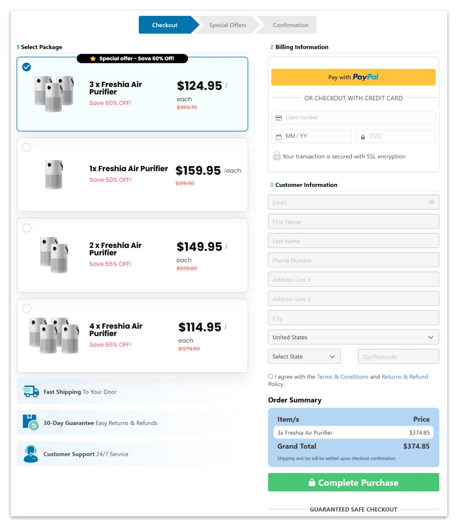 Freshia Air Purifier secure checkout page